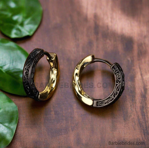 Uniquely Crafted Retro Tang Grass Grain Sense Textured Black Gold High-End Men & Women Hoop Earrings